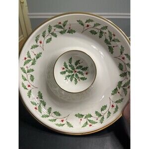 Lenox Holiday Holly Berries Leaves Gold Rim 12” Chip n Dip Bowl